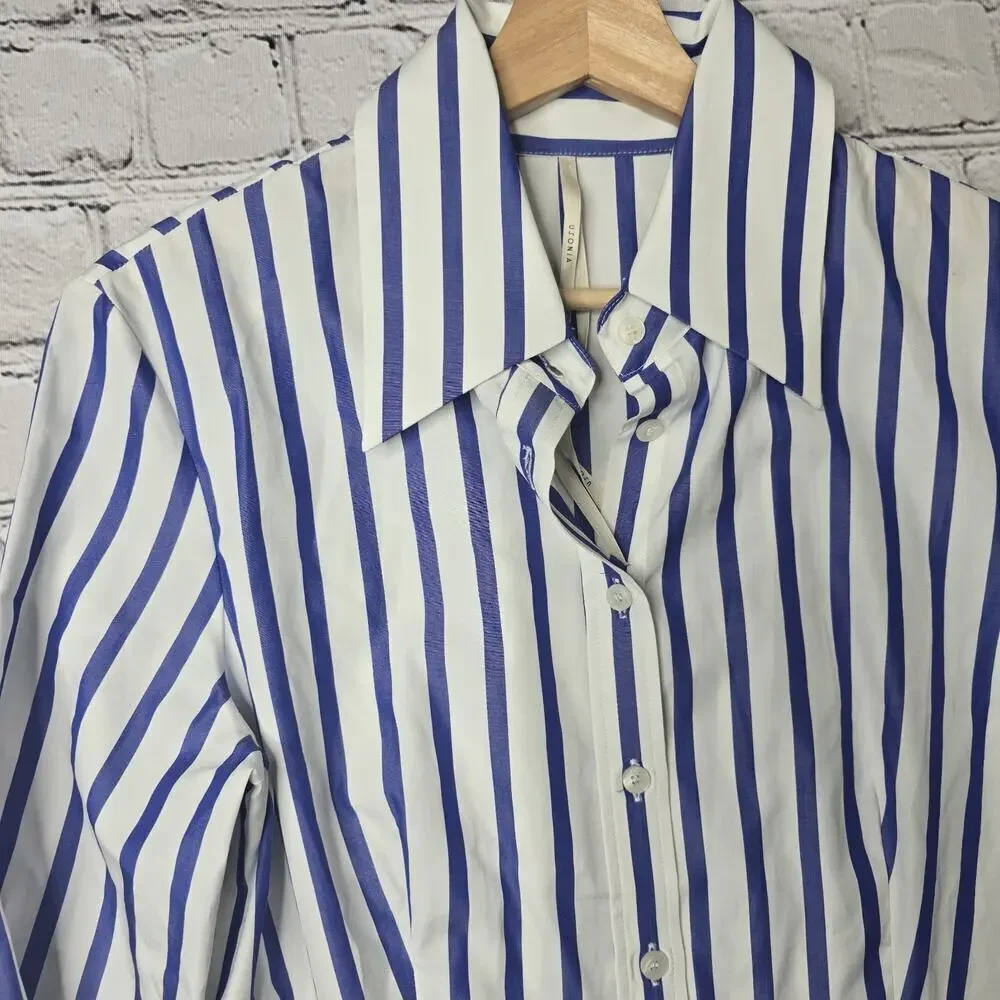 Usonia Womens White Blue Vertical Stripe 100% Cotton 3/4 Sleeve Blouse Size L - Picture 5 of 11